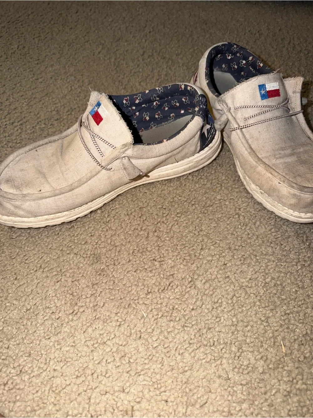 Hey Dude Beige Canvas Slip-On Loafers with Texas Flag Accent
